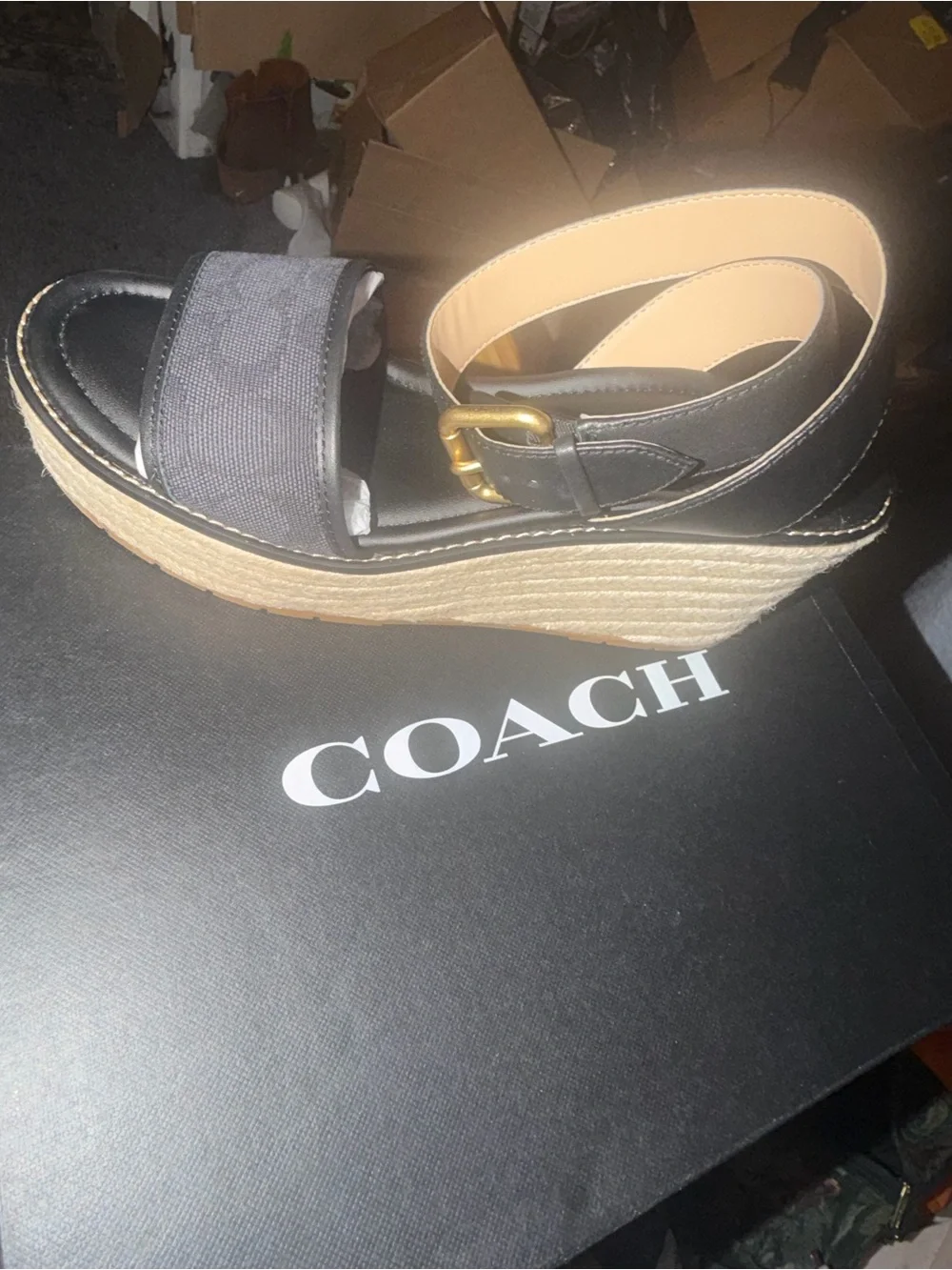 Coach Black and Tan Espadrille Wedge Sandals with Gold Buckle